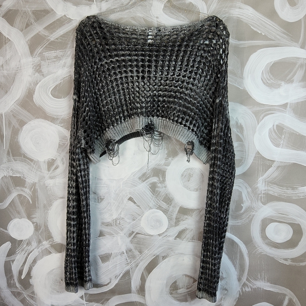 HOT TOPIC Black Gray Mesh Deconstructed Goth Punk Y2K Cropped Top Sz M Unisex - Picture 5 of 10